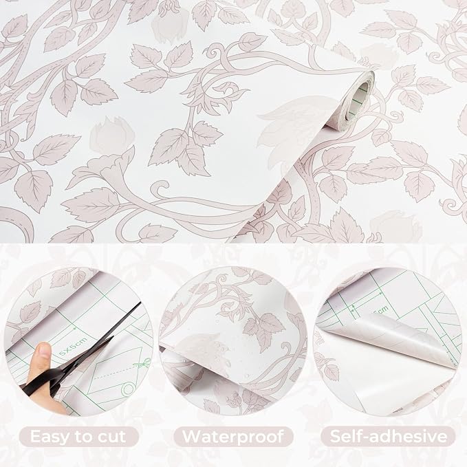 YXTII 590.5" × 17.3" Pink Peel and Stick Wallpaper, Floral Wallpaper for Bedroom Bathroom Self Adhesive Removable - Image 2