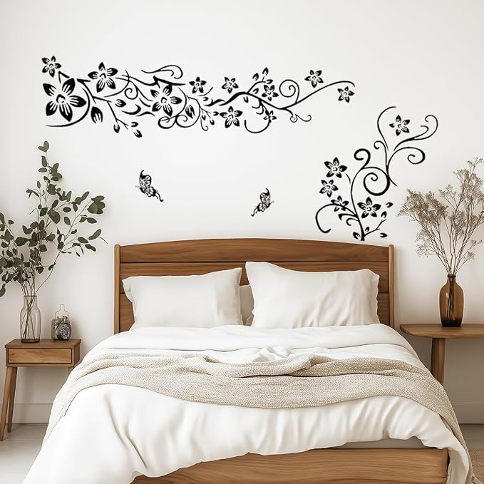 Joyartu Flowers Vine Decals Black Flowers Butterfly Wall Stickers, Diagonal Floral Decals for Living Room TV Background, DIY Home Decor by Unknown