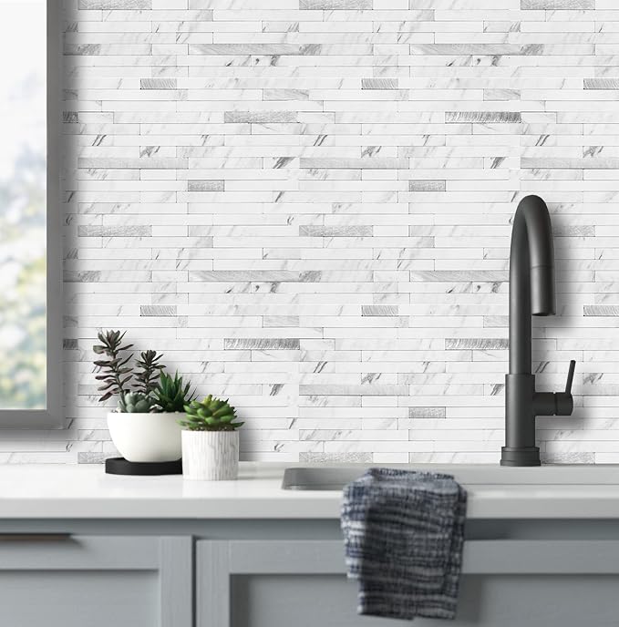 AULIGET 20 Sheets Faux Stone Peel and Stick Backsplash, White Marble Look PVC Wall Tiles Stick on Backsplash for Kitchen - Image 8