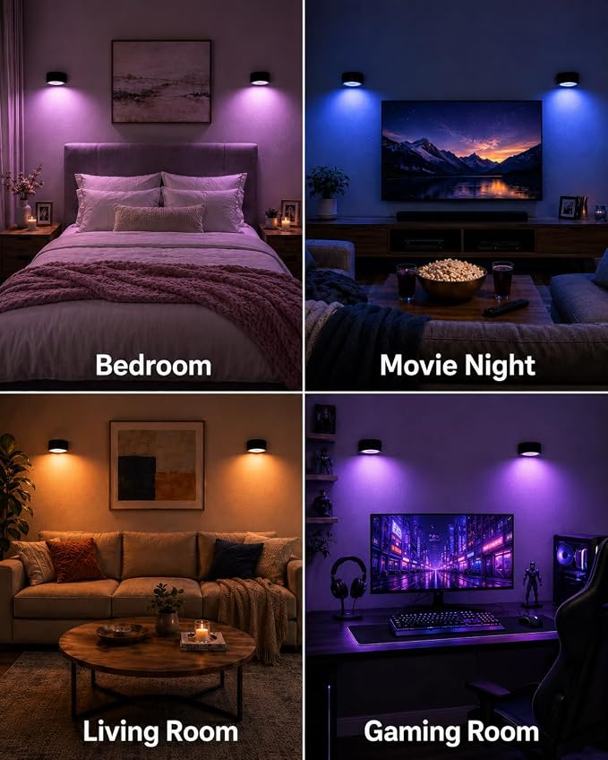 LED Wall Mounted Lights, Rechargeable Wall Sconces, 3 Color Temps, Remote & Touch, 360° Rotating and Dimmable for Bedroom, Bedside & Reading (Black-RGB, 2 Pack) - Image 4