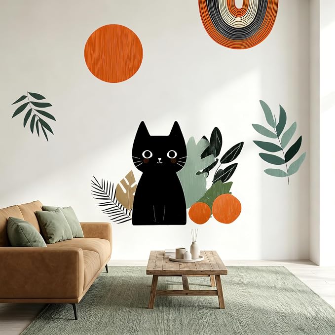 Boho Black Cat Botanical Abstract Wall Decal Modern Home Room Decor Sticker | Peel and stick removable boho cat wall art, geometric plant design, renter-friendly no-residue decor for bedroom, nursery - Image 3
