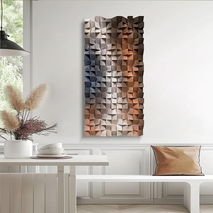LIUZEYUE Textured Wall Art, 3D Wood Mosaic with Blue White Orange Lines, Abstract Modern Wall Decor for Entryway or Narrow Hallway, Horizontal or Vertical Hanging, 15.7"x31.5" - Image 7
