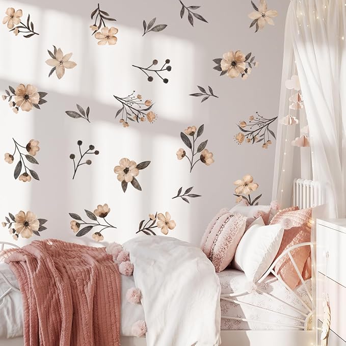 Boho Flower Wall Decals - Watercolor Wildflower Wall Art, Girls & Kids Room Decor by HJKlove