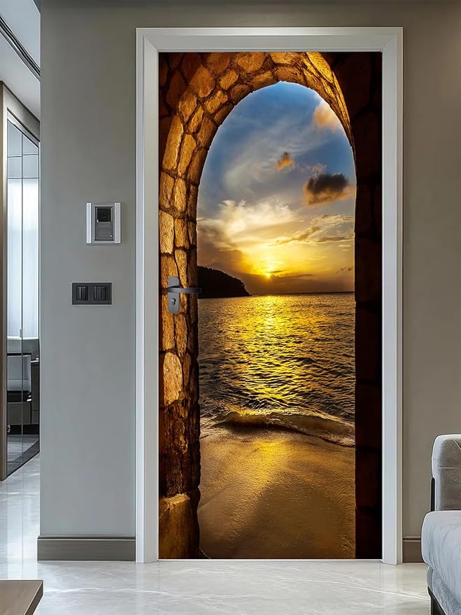 artfanke 3D Door Sticker Peel and Stick 30.3"x78.7"-Self-Adhesive Door Murals Wallpaper - Sunset Beach Arch Ocean Wall Decals Waterproof for Bedroom Decor (2 Sheets/Set) by artfanke
