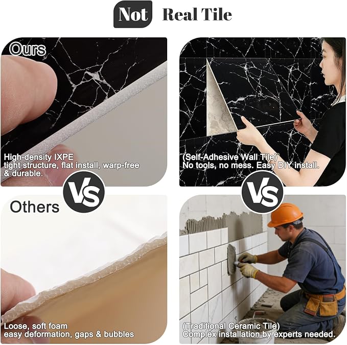 10pcs Peel and Stick Shower Tile Waterproof Black Marble Tiles Wall Panels 11.8"X11.8" Self-Adhesive Backsplash for Home Bathroom Kitchen Showers (Not Real Tile) - Image 6