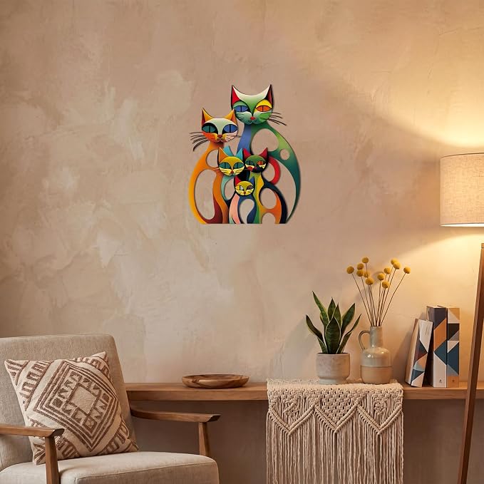 Wesiti Cat Wall Art Metal Sculpture Colorful Mid Century Decor 13.78x11 | Iron Sculpture for Feline Lovers, Retro Design for Living Room Bedroom Office, Vibrant Colorful Home Decoration - Image 4