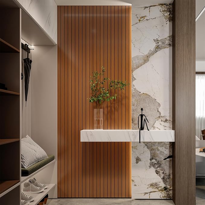 YLL YLL PVC Slat Wall Panel Peel and Stick 118"x 15.7" Faux Walnut Wood Grain Slat Panel Self-Adhesive Wallpaper Soundproof 3D Wall Panels - Image 2