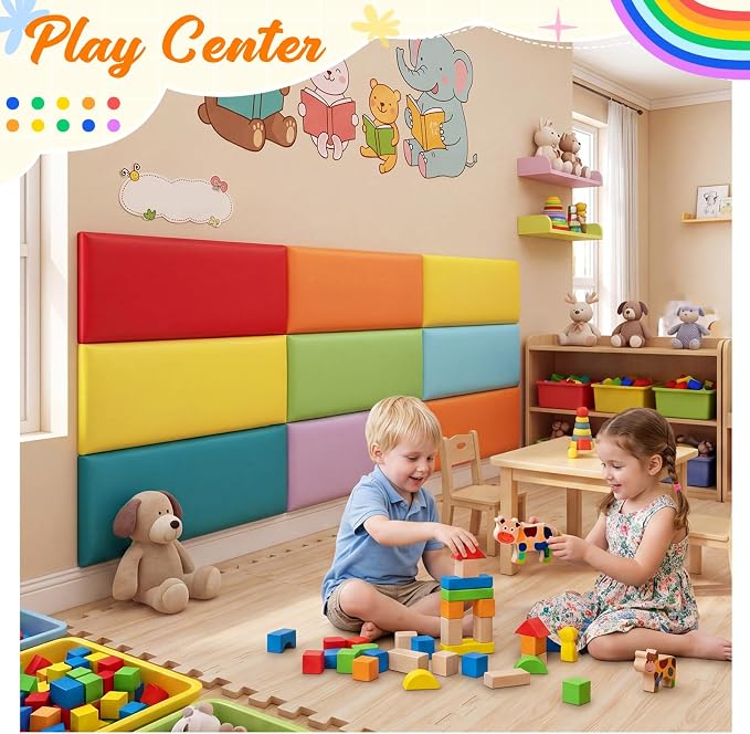 Hahafelt 8 Pack Wall Padding for Playroom Peel and Stick Headboard 19.69" x 7.87" x 1.18" 3D Anti Collision Upholstered Wall Panels Self Adhesive Headboard Panel for Protection (Rainbow Colors) - Image 2