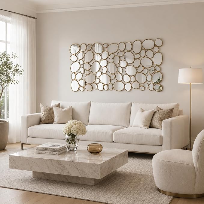 Gold Mosaic Wall Mirror, 27.55" x 55" Large Pebble Geometric Decorative Mirror with 71 Irregular Mirror Pieces, Modern Accent Wall Decor for Living Room, Entryway, Bedroom, Hallway - Image 7