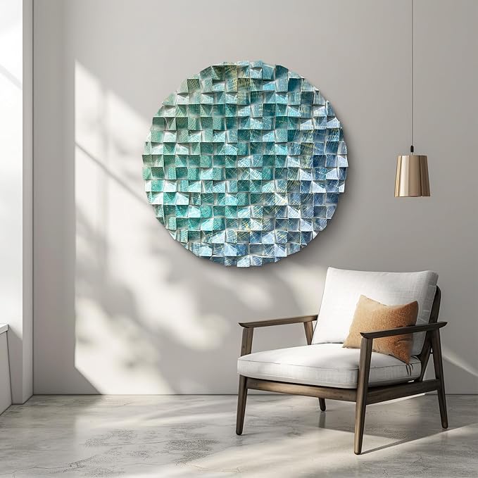 LIUZEYUE - Large blue-green-gold patterned triangular wooden block wall art piece. Modern living room eye-catching wooden decorative item 47.2" - Image 6
