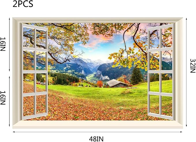 Fake Window Wall Decal- Fall Mountain Tree Grassy Hills Open Wall Sticker | Faux Window Autumn Mountain Rustic Hut Natural Landscape Mural｜Stick and Peel Wall Decals｜Room Decor｜48"x32",Set of 2 Sheets - Image 4