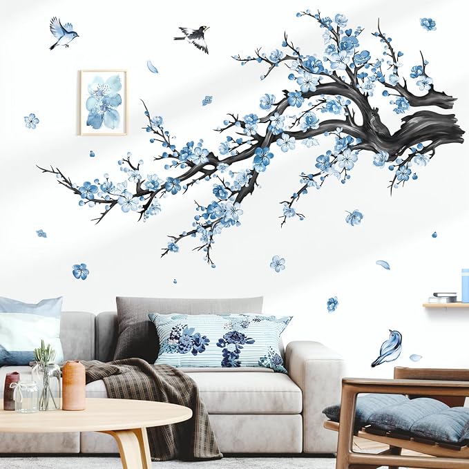 decalmile Blue Flower Branch Blossom Floral Tree Wall Decals Stickers - Image 2