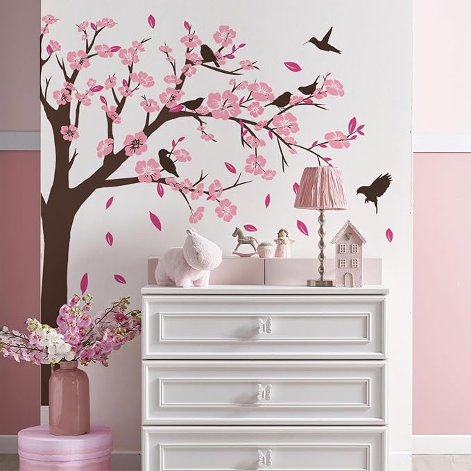 Pink Flower Tree Wall Stickers, Removable DIY Romantic Peach Blossom Tree Wall Murals Peel and Stick 3D Wall Art Stickers Murals Home Decor for Gilrs Bedroom Nursery Rooms Living Room - Image 7