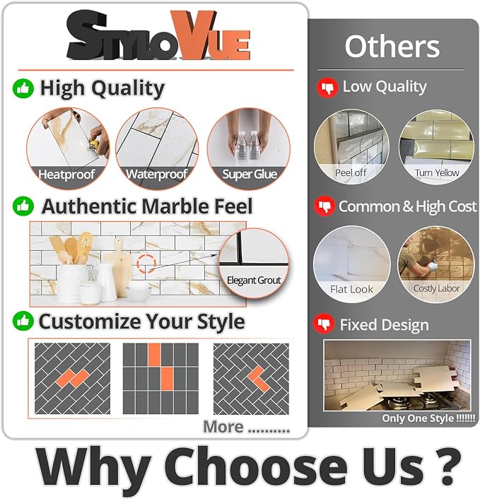StyloVue 100 Pieces Peel and Stick Backsplash for Kitchen, 3" x 6" PVC Subway Tile Upgraded Calacatta Gold with Dark Gray Grout Backsplash Stick on Tile Elevate Kitchen, Bathroom, Fireplace,RV - Image 6