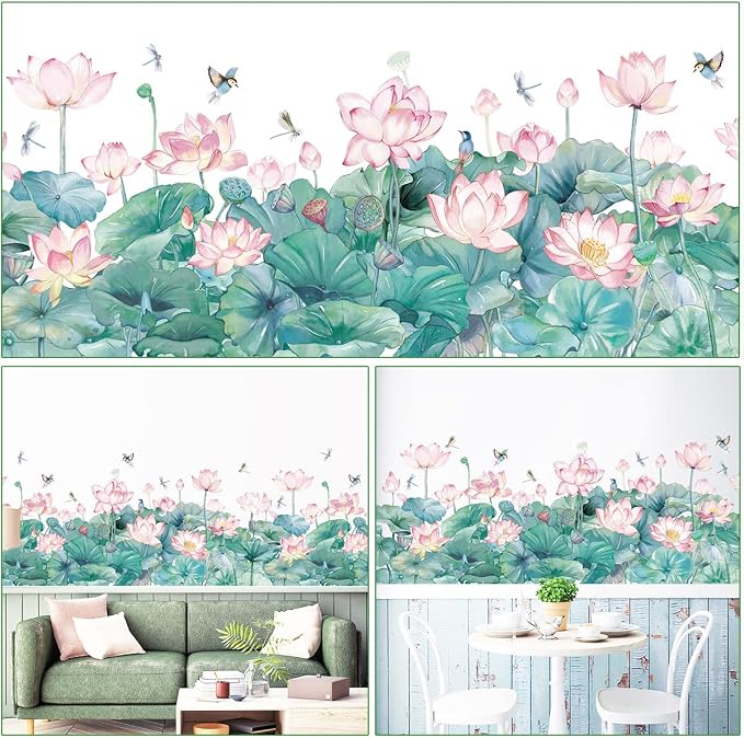 Watercolor Pink Lotus Wall Decals Chinese Style Water Lilies Wall Stickers Vinyl Removable Birds and Dragonflies Art Murals for Living Room Bedroom Office Girls Room Playroom Bathroom Wall Decoration - Image 3