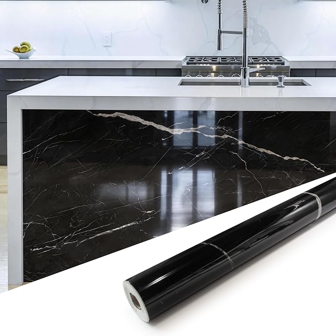 Marble Peel and Stick Waterproof Wall Paneling, 118" x 47" Black Marquina Glossy Finish Self-Adhesive Backsplash Tile Vinyl Wall Panel for Kitchen Bathroom Wall Decor, Covers 38.75 Sq. Ft. by premiumqualitypeelandsticktile