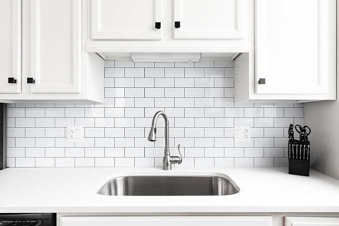 StyloVue Peel and Stick Backsplash for Kitchen, 3" x 6" PVC Subway Tile Upgraded Backsplash Stick on Tile Elevate Kitchen, Bathroom, Fireplace,RV - 4 Pieces Glossy White with Dark Gray Grout - Image 2