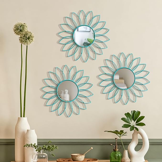 3 Pack Metal Mirrors for Wall Sunburst Wall Mirrors Home Décor Decorative Hanging Wall Art for Living Room Bedroom Entryway (Greenish Blue, Flowers) - Image 7