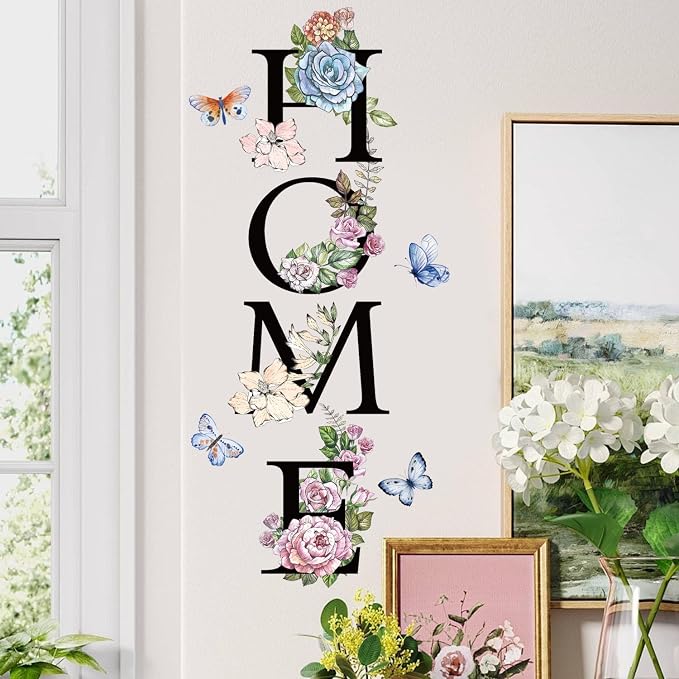 Home Flower Wall Sticker Colorful Floral Butterfly Wall Decal Peel and Stick Word Quotes Home Wall Stickers for Living Room by Aurbhosa