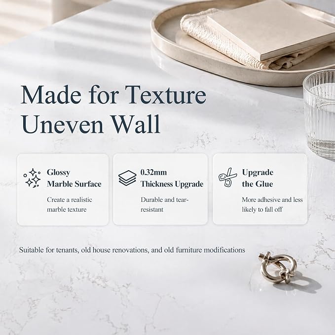 Peel and Stick Wallpaper White Marble Contact Paper for Dry Textured Wall | Wallpaper Self Adhesive for Kitchen Cabinets - Vinyl Wrap Waterproof for Countertop Bedroom Bathroom 15.7'' x 200'' - Image 8