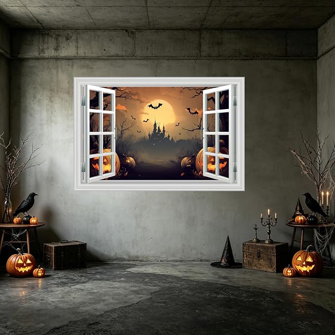Halloween Decorations Fake Window Wall Decals，Full Moon Night View Terror Castle Pumpkin Bat Spooky Wall Art Poster Sticker Decal ，for Home Halloween Party Scary Scene Decor Peel and Stick 16“x24” - Image 8