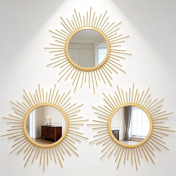 Gold Sunburst Mirror Set of 3, 3PCS Metal Round Decorative Wall Mirrors, Starburst Accent Mirror Wall Decor for Living Room, Bedroom, Entryway, Hallway & Bathroom by HMANGE