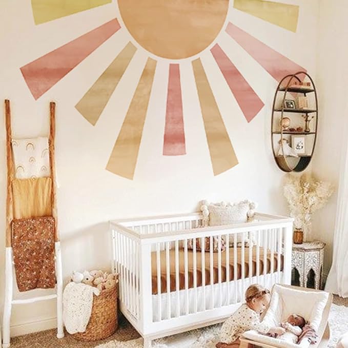 Extra Large Pastel Boho Sun Mural for Nursery and Classroom | 94.49" x 57.48" Calming Texture Fabric Decal, Peel and Stick Huge Sun Rise Wall Mural for Kids Bedroom and Classroom by astrkiz