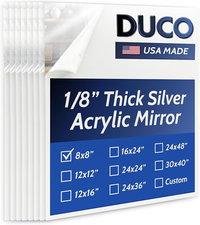 Duco USA-Made Acrylic Mirror Sheet 1/8 Inch Thick 8" x 8" (with Adhesives) - Pack of 8 Silver Frameless Plastic Mirror for Walls, Home Gyms, Bathrooms, & More - Shatter-Proof Mirrored Plexiglass by DucoPlasticsSupply