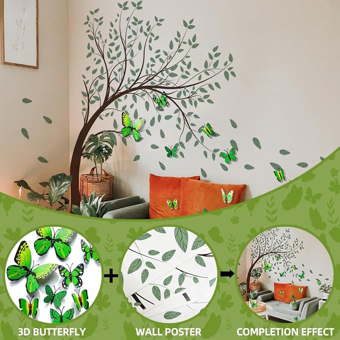 Large Green Tree Wall Decals 3D Green Butterfly Wall Stickers Peel and Stick Waterproof Wall Murals Decor for Living Room Bedroom Classroom (Green Butterfly, 11.8 * 35.4inch) - Image 5