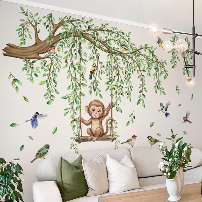 Large Tree Branch Wall Decal Green Leaf Vine Monkey DIY Home Decor Sticker - Image 6