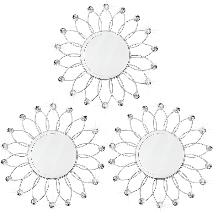 3 Pack Metal Mirrors for Wall Sunburst Wall Mirrors Home Décor Decorative Hanging Wall Art for Living Room Bedroom Entryway (Silver Crystal, Flowers) by Uaussi