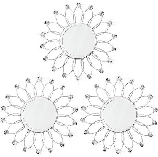 3 Pack Metal Mirrors for Wall Sunburst Wall Mirrors Home Décor Decorative Hanging Wall Art for Living Room Bedroom Entryway (Silver Crystal, Flowers) by Uaussi
