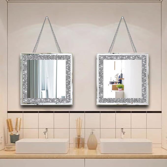 2 Piece Wall Mirrors, Crush Diamond Mirrors Decor, Silver Decorative for Living Room Bedroom, Bathroom. (12”x12”) - Image 3