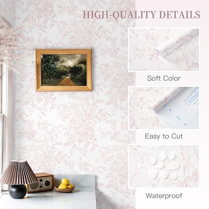 Heroad 17.3''X393'' Pink Peel and Stick Wallpaper Vintage Floral Contact Paper Boho Flower Removable Wall Paper Self Adhesive Stick On Wallpaper for Girls Bedroom Bathroom Renter Friendly Vinyl Roll - Image 2
