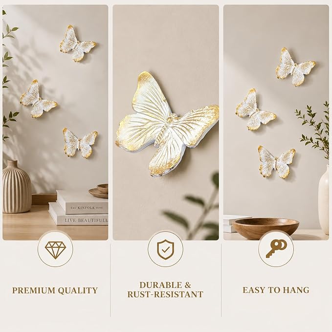 GUSFREUD 3D Butterfly Wall Decor Set – Resin Wall Decor for Living Room, Bedroom, Bathroom, Dining Room, Outdoor and Gallery Walls - Ivory Gold - Set of 3 - Image 4