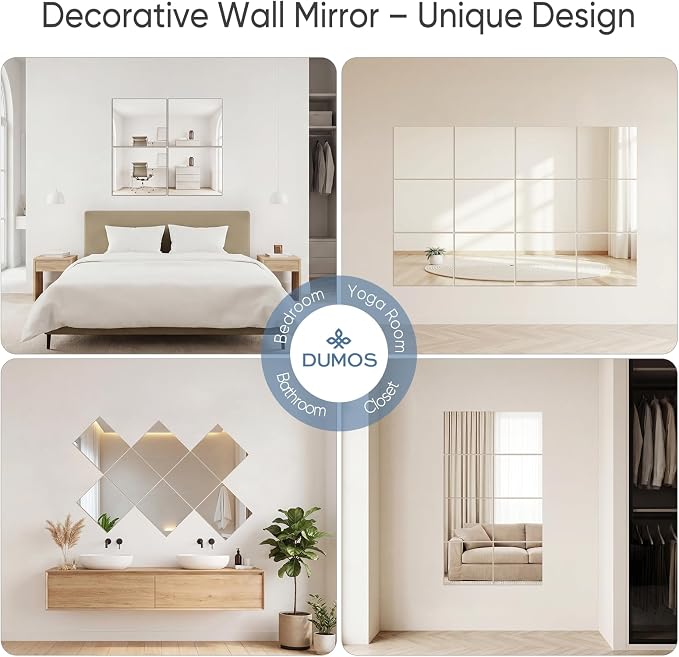 DUMOS 4 Pack Wall Mirror Tiles, Hallway Wall Mounted Mirror 16"x12" HD Glass Sheets, Square Mirrors for Walls, Full Length Mirrors Tiles for Home Gym, Bedroom, Door - Image 4