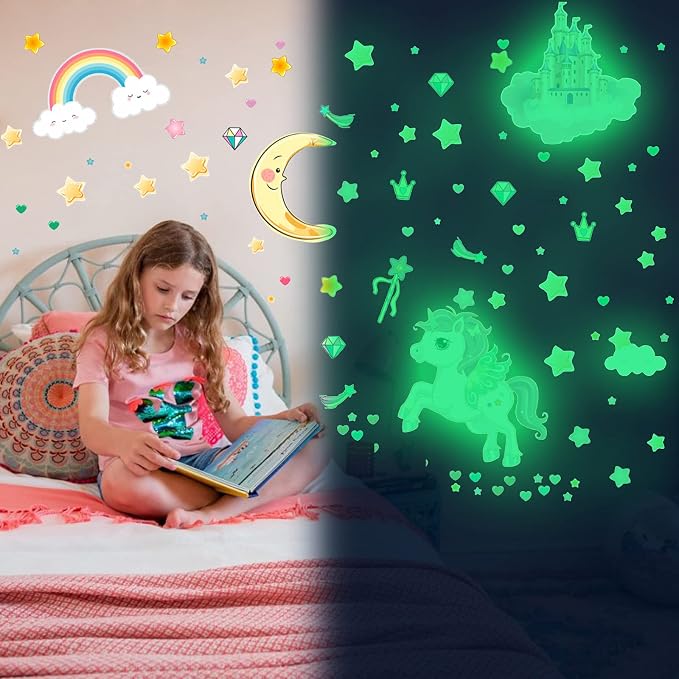 Glow in The Dark Stars and Unicorn Wall Decals, Glowing Castle Moon and Rainbow Stickers, 174 pcs Luminous Ceiling Decor for Kids Bedroom, Great Wall Decor for Girls and Boys Gift - Image 3