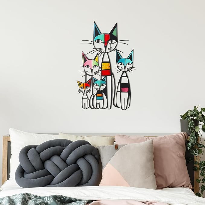 Wesiti Metal Cat Wall Art, Colorful Mid Century Iron Sculpture 10.6x15.7 | Black Metal Frame, Geometric Cats, Ideal for Room Decor, Living Room Bedroom Kitchen Office, Cat Lover Gift Pictures - Image 6