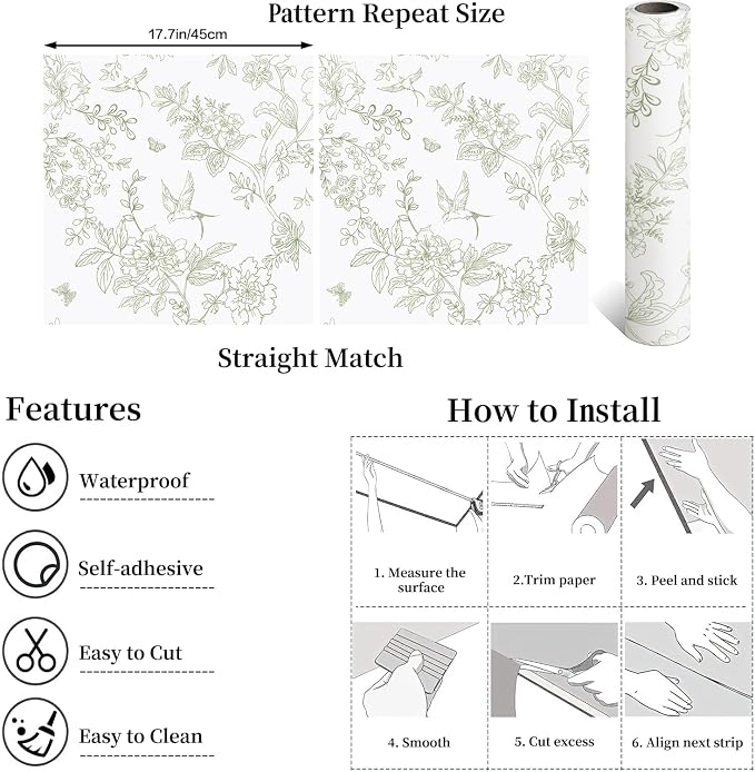 Froluya Green and White Peel and Stick Floral Wallpaper 17.7in×118.1in | Boho Floral Self Adhesive Wallpaper Vintage Flower Bird Removable Contact Paper for Bathroom Shelf Liner Cabinets Vinyl - Image 5