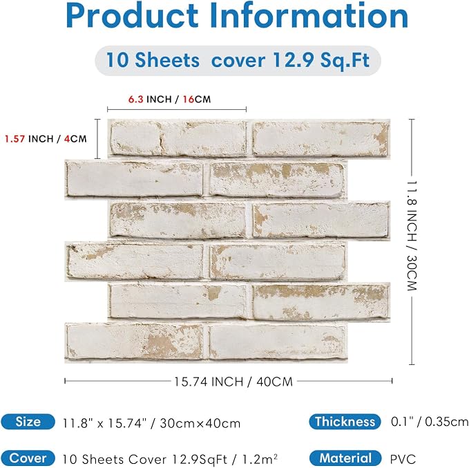 COMSTICKC 3D Faux Brick Wall Panels Peel and Stick, 10 Pcs 15.7" x 11.8 | Beige, Not Real Brick, Thin PVC 3D Fake Brick Decorative Tile Wall Covering for Easy DIY Interior Decor, Cover 12.9 sq ft - Image 5