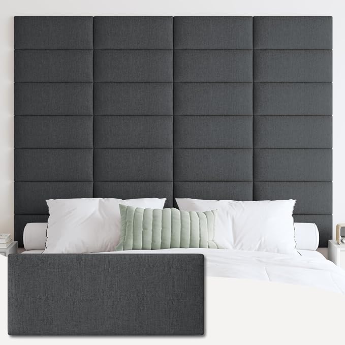 IFNOW Wall Mounted Headboard, Peel and Stick Panels, Black, Queen | 3D Soundproof Acoustic Padding, Reusable and Removable, Tufted fabric Bed Headboard, for bedroom (9 Panels, 10" x 24") by IFNOW