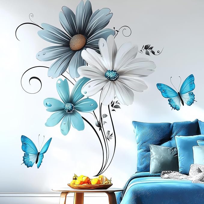 Rustic Floral Flower Blue White Daisy Butterfly Wall Decals Decor Stickers | Modern farmhouse peel and stick wall mural decoration, removable vinyl decor art for bedroom living room classroom office - Image 3