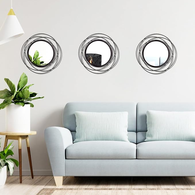 3 Set Round Mirrors for Wall Decor Living Room Bedroom Bathroom Dining Room Metal Circle Mirror Set Boho Decorative Sunburst Wall Art Accent Entryway - Black 9.5 in - Image 3