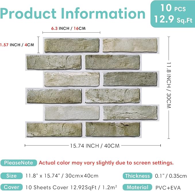Commomy 3D Peel and Stick Faux Brick Wall Panels - 10pcs 15.74" x 11.8" | Ultralight Thin PVC Wall Sticker Fake Brick Wallpaper Tiles for Kitchen,Bedroom,Quick DIY Wall Decor(12.92 sq.ft) - Image 5