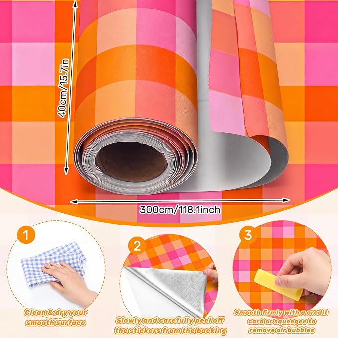 Drydiet Pink and Orange Plaid Wallpaper Peel and Stick 15.8 x 118.1 | Self Adhesive, Checkered Design, Easy Apply Remove, for Home Locker Dorm Classroom Living Room Decor - Image 2
