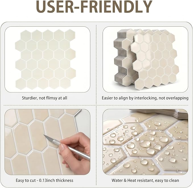 Arttown Peel and Stick 3D Wall Backsplash, 10-Sheet, 12" × 12" Cream Ivory | Subway Tile Self Adhesive Thicker Design Wall Tiles Panel Wallpaper for Bathroom Balcony Kitchen - Image 6