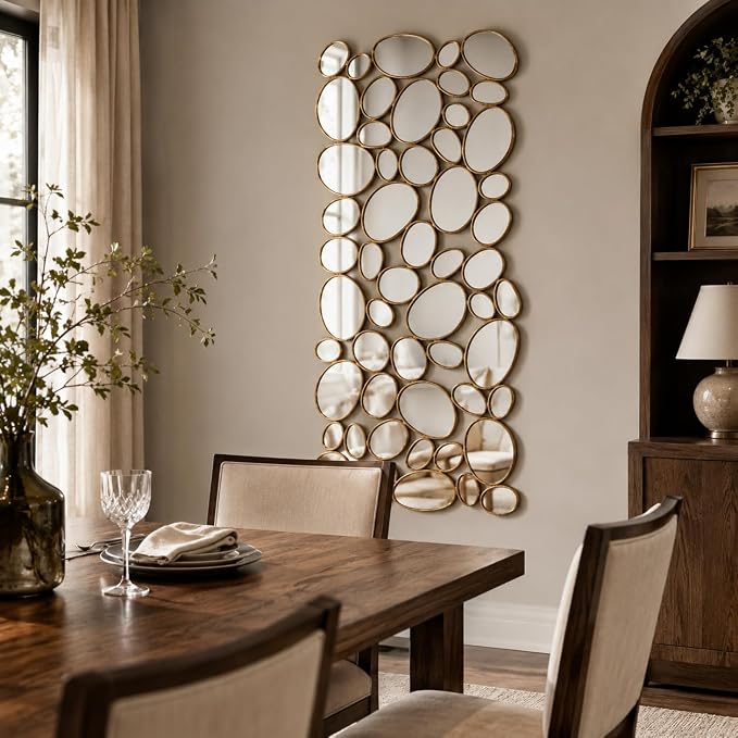 Gold Wall Mirrors Decorative - 51"x23" Large Modern Wall Mirror for Home Decor, 55 Pieces Multi-Size Pebble Design Metal Framed Accent Mirror for Entryway Bedroom Living Room Wall Art Decor - Image 4