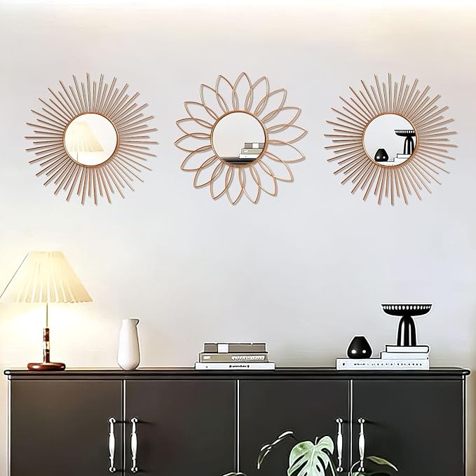 3 Pack Metal Mirrors for Wall Sunburst Wall Mirrors Home Décor Decorative Hanging Wall Art for Living Room Bedroom Entryway (Rose Gold2, Flower+Sunburst) - Image 4