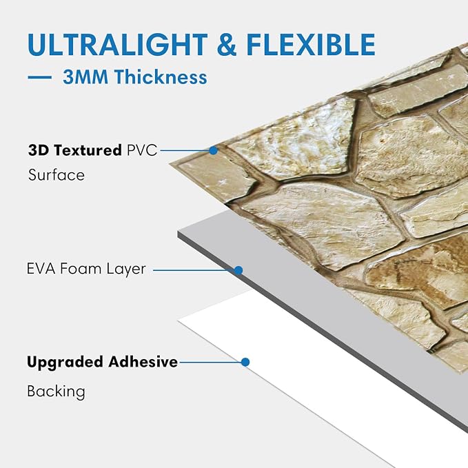 COMSTICKC 3D Faux Stone Wall Panels Peel and Stick Decorative Tiles | 12 Pcs 22.8" x 11.8", DIY UrltraLight PVC Fake Stone Wall Covering Stickers for Kitchen, Living Room, Covers 22.48 sq.ft - Image 4