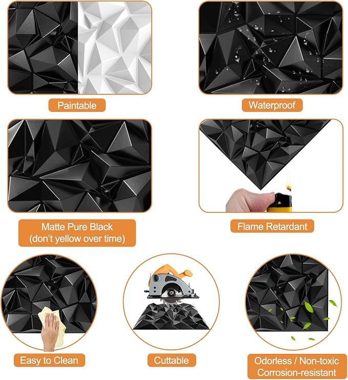 TroyStudio Acoustic Sound Diffuser Panels, 19.7 X 19.7 X 1 inches 12 Pcs Black PVC Plastic 3D Wall Panel, Recording Studio Acoustical Treatment Diffusion panel, Art Decorative Ceiling Tiles - Image 4